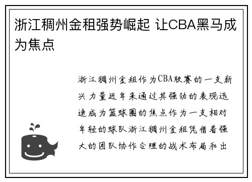 浙江稠州金租强势崛起 让CBA黑马成为焦点