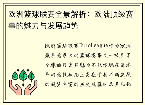 欧洲篮球联赛全景解析：欧陆顶级赛事的魅力与发展趋势