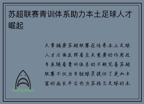 苏超联赛青训体系助力本土足球人才崛起