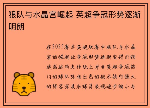 狼队与水晶宫崛起 英超争冠形势逐渐明朗