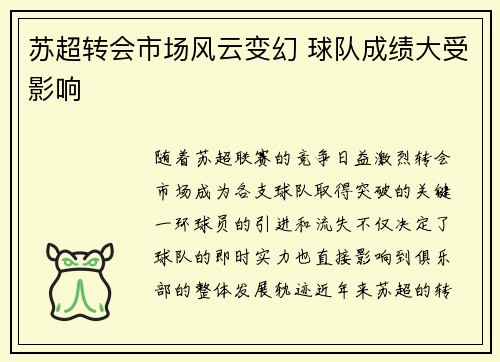 苏超转会市场风云变幻 球队成绩大受影响 苏超转会市场风云变幻 球队成绩大受影响